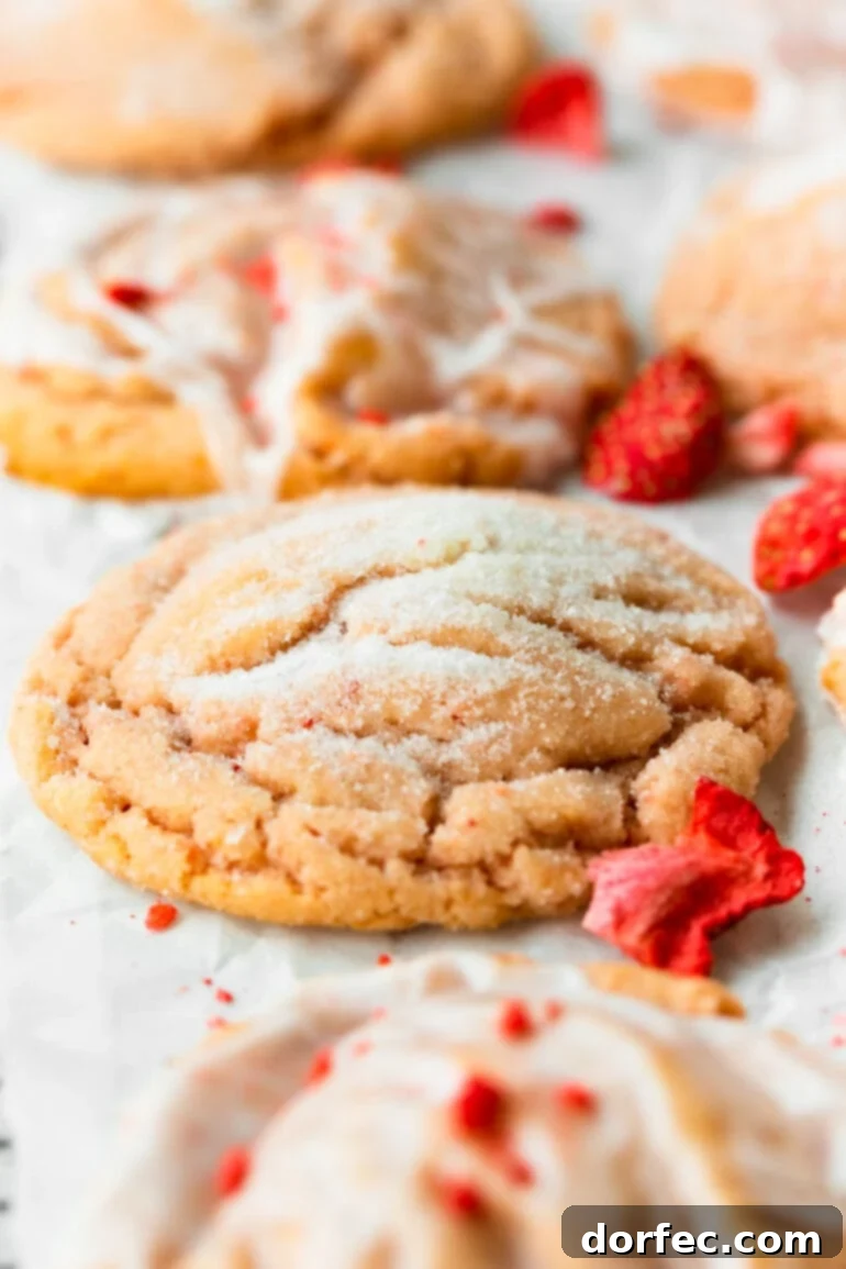 A close-up photo of a single, thick, and wonderfully chewy strawberry cookie, showcasing its rustic texture. It has been perfectly rolled in sugar before baking, with visible small pieces of real, dehydrated strawberries scattered throughout the cookie, highlighting the authentic fruit flavor.