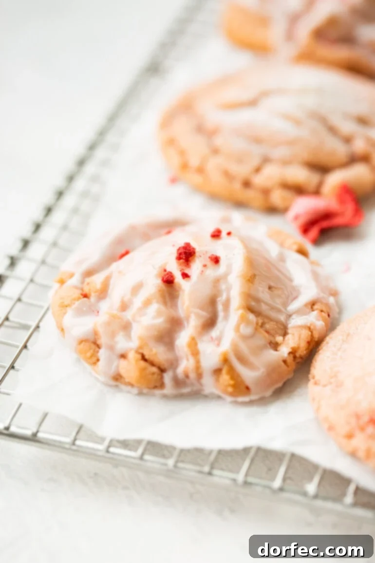 A charming photo of a thick, chewy strawberry cookie, beautifully topped with a delicate white glaze. A light dusting of dehydrated strawberry powder adds a rustic and visually appealing touch.