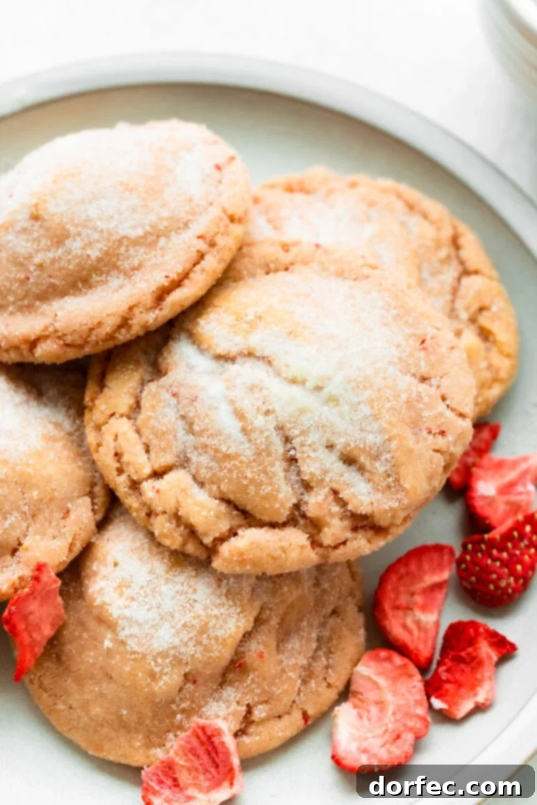 A beautiful photo of several thick and chewy strawberry cookies, glistening with their sugar coating, stacked elegantly on a pristine white plate. Scattered around the plate are vibrant pieces of dehydrated strawberries, adding to the visual appeal.