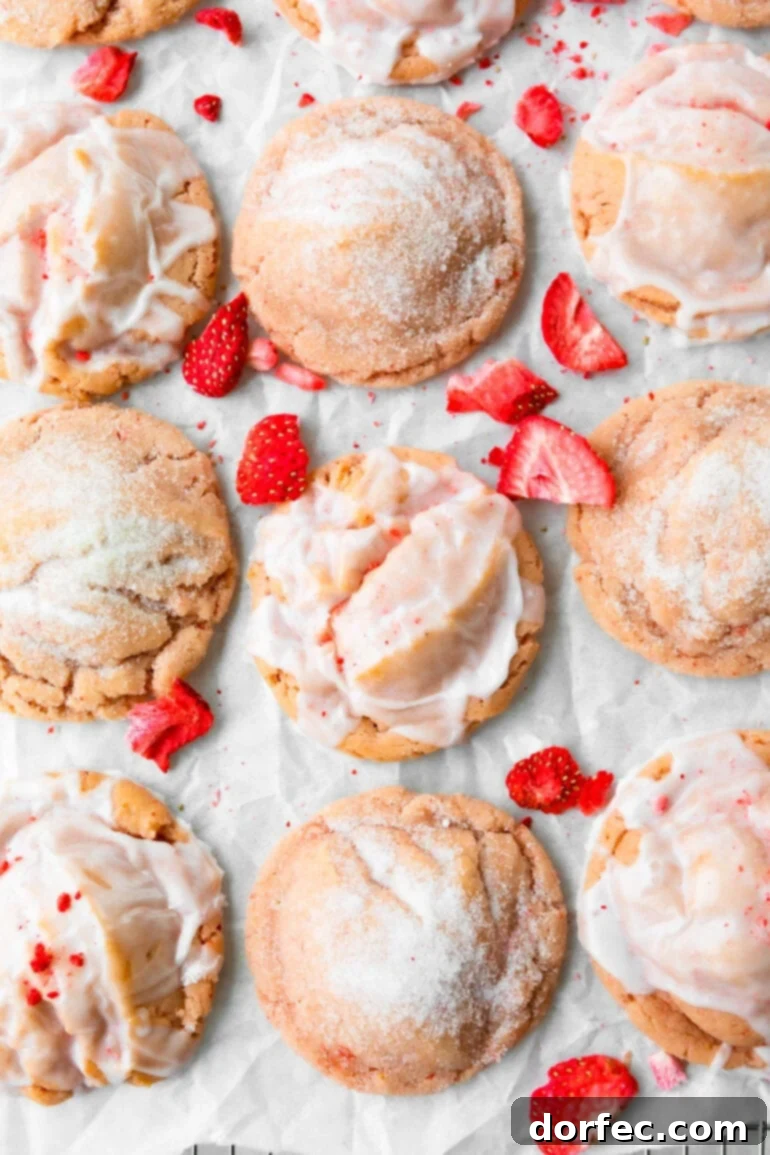 A visually stunning photo of elegantly presented strawberry cookies, perfect for a special occasion. Their sweetness and authentic strawberry flavor make them ideal for celebrations like baby showers or family Easter gatherings.