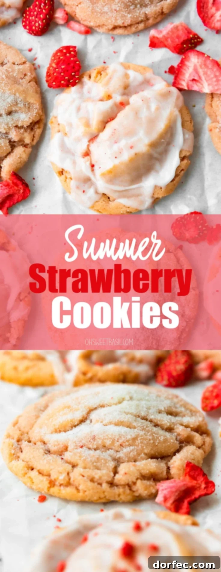 A stunning full-frame photo of a stack of golden-baked strawberry cookies, some perfectly glazed and some sparkling with sugar. The vibrant pink interior is visible, hinting at the real strawberry goodness within, making them an ideal summer treat.