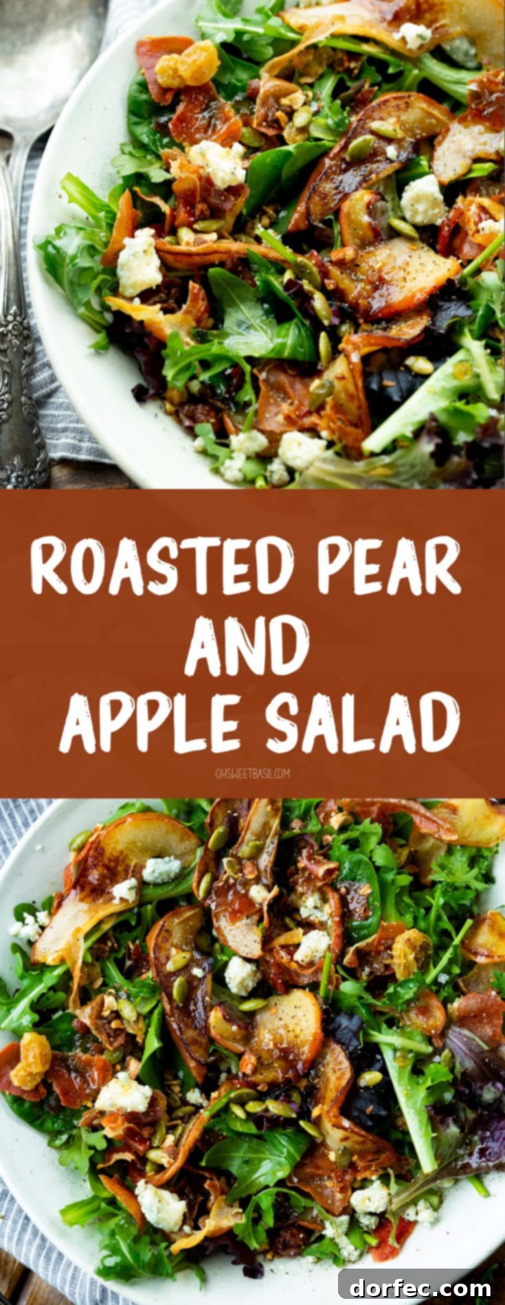 Autumn Roasted Pear and Apple Salad with Caramelized Shallot Maple Vinaigrette 3 A large serving plate beautifully arranged with mixed greens, topped with perfectly roasted pears and apples, crispy crumbled prosciutto, sweet golden raisins, crunchy pepitas, and creamy gorgonzola cheese.