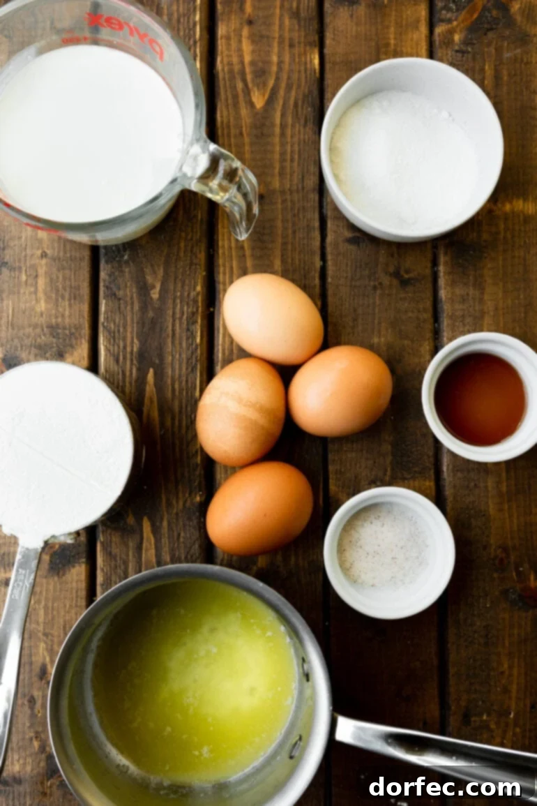 a photo of all the ingredients for finnish pancakes including four eggs, salt, flour, sugar, vanilla and milk.
