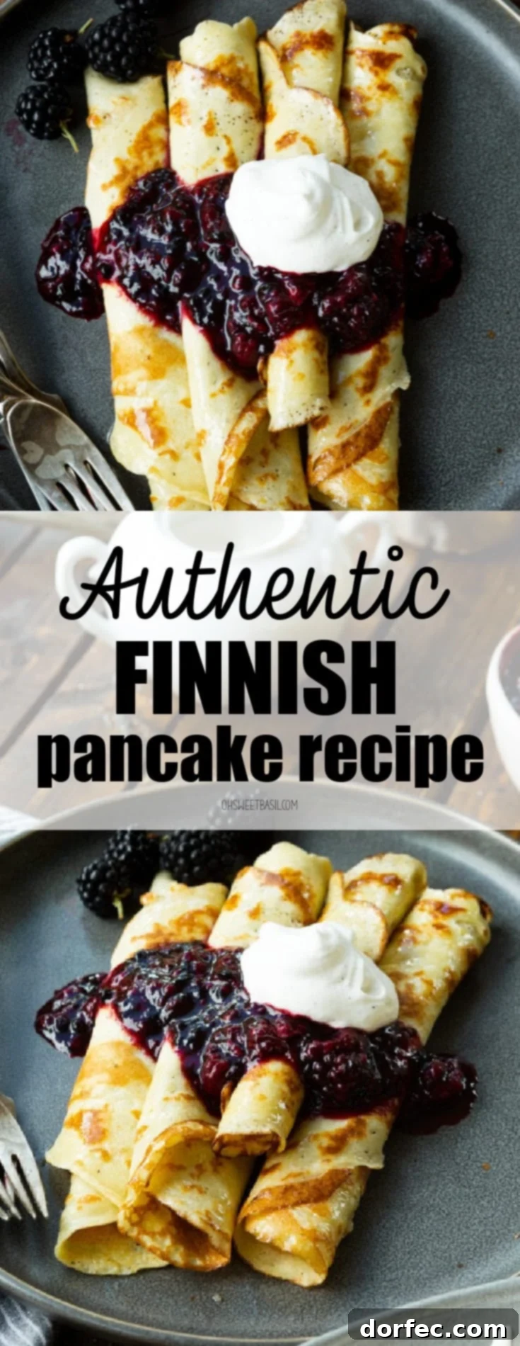 a photo of several rolled up finnish pancakes sitting on a dark gray plate and topped with blueberry syrup and a dollop of whipped cream.
