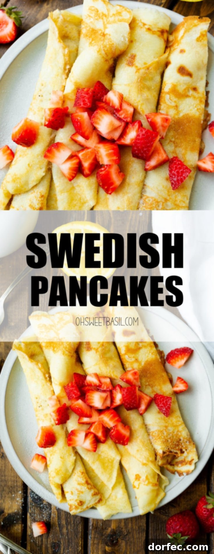 A vibrant, full-frame shot showcasing four perfectly rolled Swedish pancakes on a pristine white plate, each generously topped with bright red diced strawberries. The elegant presentation makes this dish incredibly appealing for breakfast or brunch.