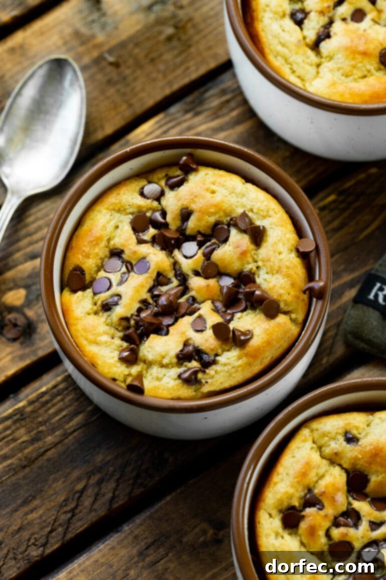 Chocolate Chip Protein Mug Oatmeal 4 A charming photo of several mugs of baked oatmeal, each generously topped with mini chocolate chips.