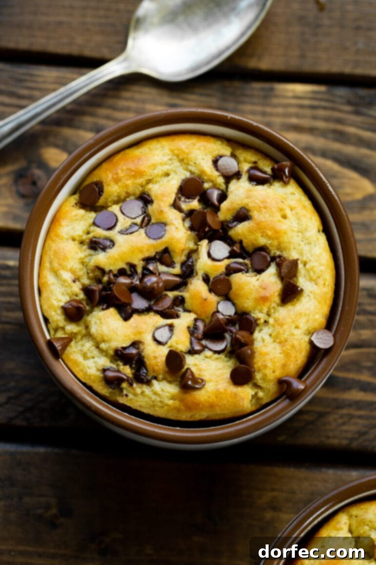 Chocolate Chip Protein Mug Oatmeal 6 A top-down shot of a mug filled with golden baked oatmeal, generously topped with mini chocolate chips, set against a light background.