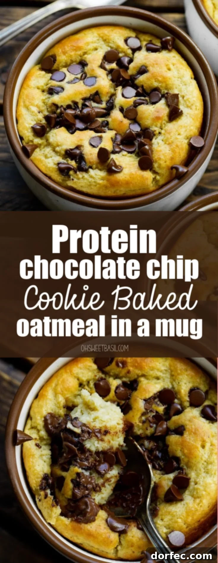 Chocolate Chip Protein Mug Oatmeal 8 A top-down photo of a mug filled with golden baked oatmeal, generously topped with mini chocolate chips.