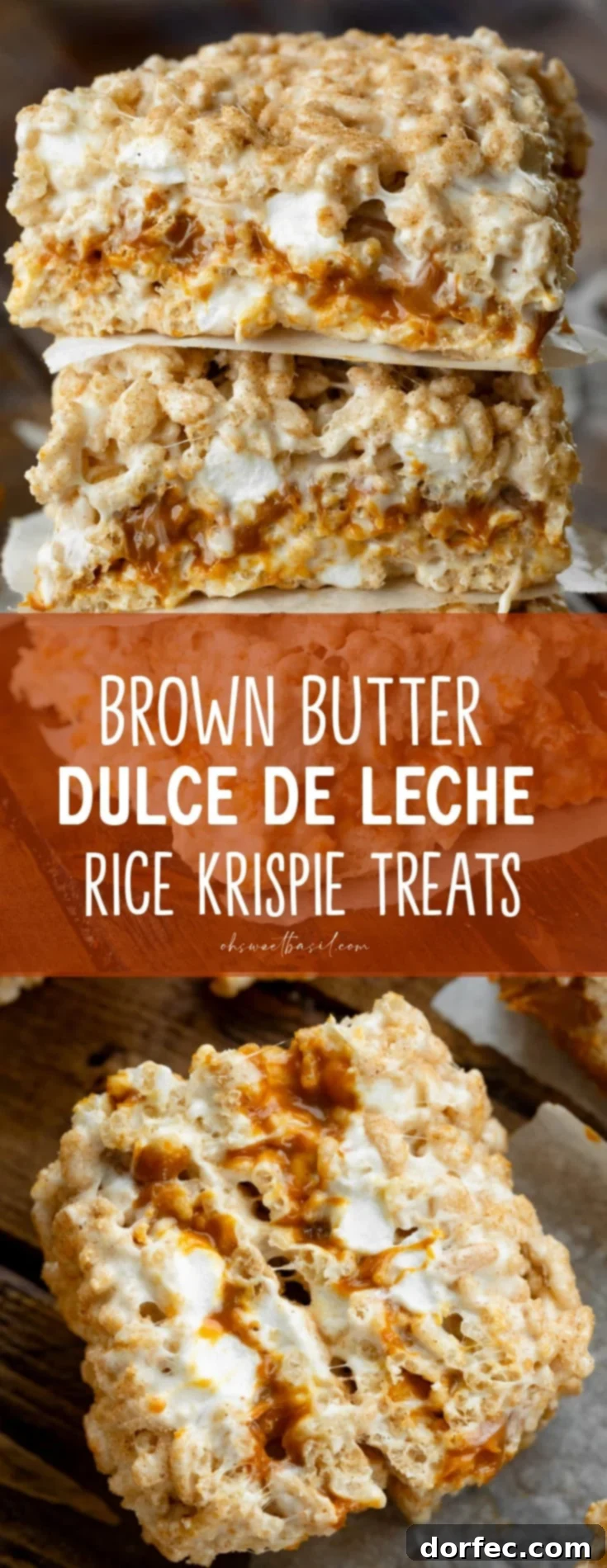 a photo of three dulce de leche stuffed gooey rice krispie treats stacked on top of each other with little pieces of parchment paper between them.