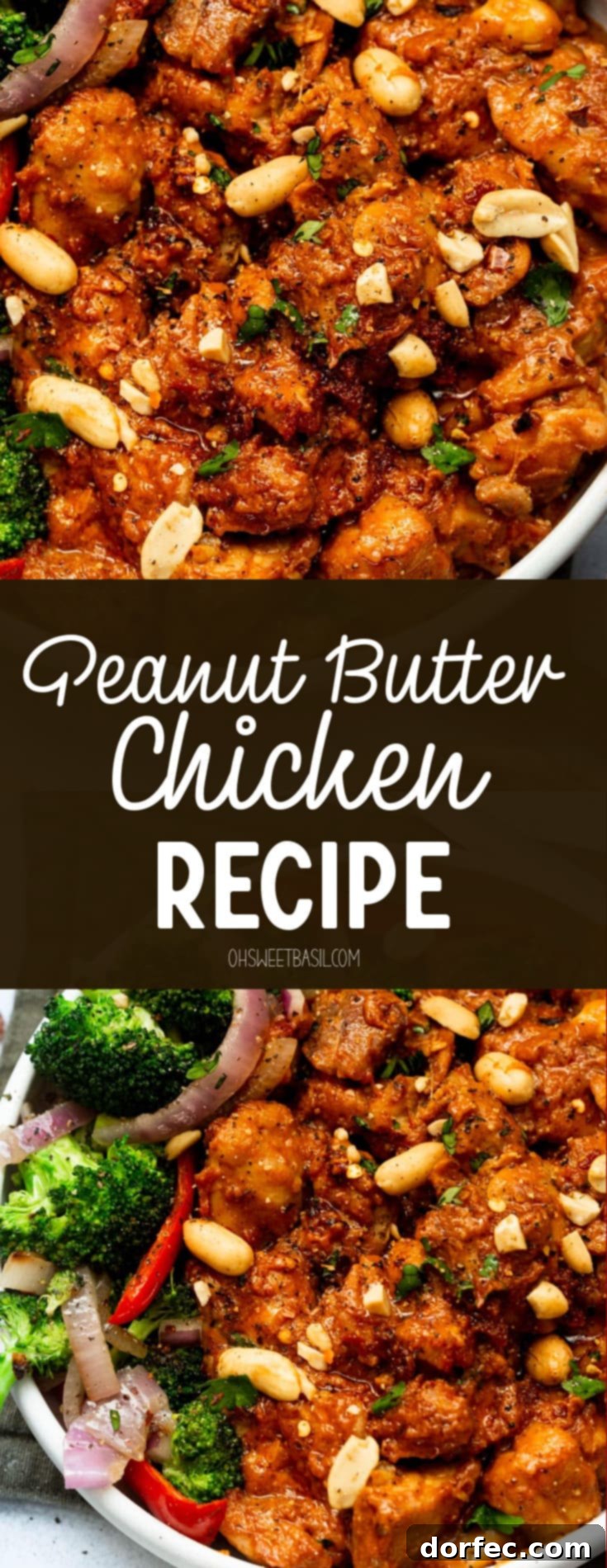 A photo of a serving of peanut butter chicken, topped with fresh cilantro and chopped peanuts, presented with a side of broccoli salad.