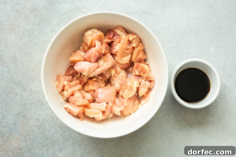 A photo of a large bowl filled with uncooked chicken thigh chunks, with a small bowl of soy sauce placed on the side, ready for marination.