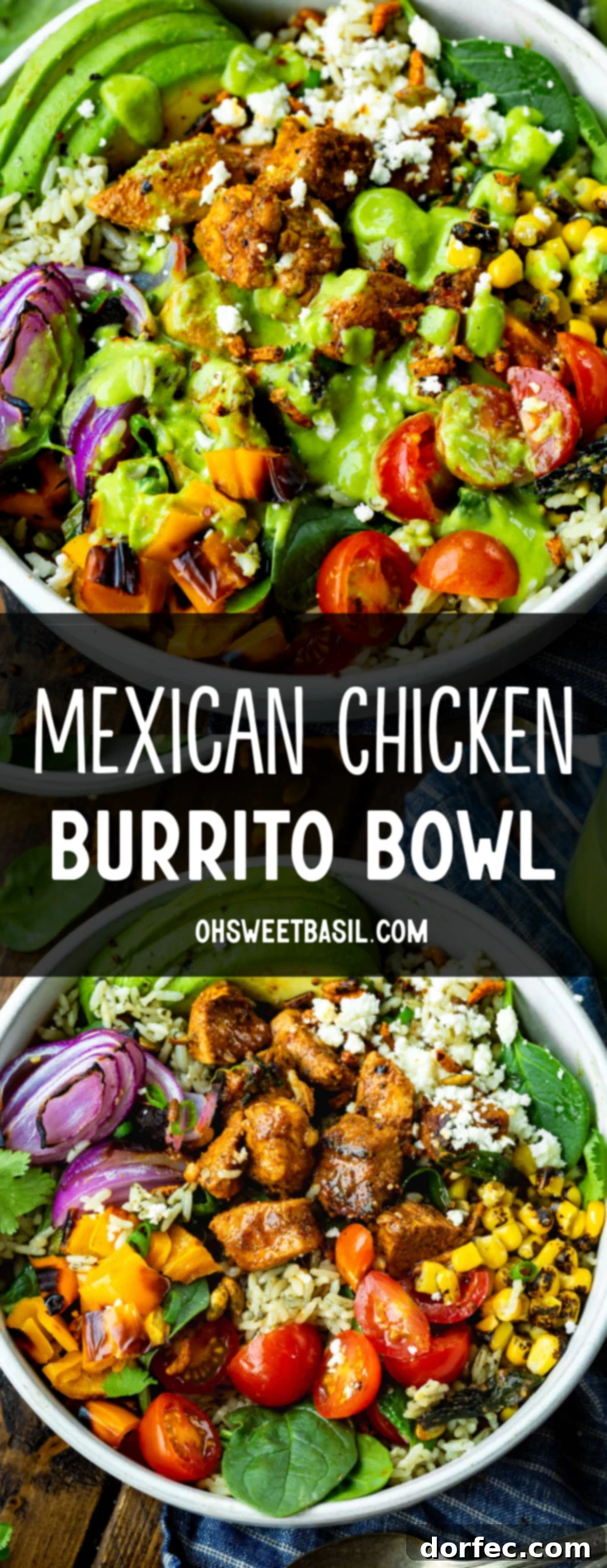 Zesty Chicken Burrito Bowl 7 A vibrant and generously loaded Mexican chicken burrito rice bowl, beautifully arranged with halved cherry tomatoes, golden charred corn kernels, thinly sliced red onion, crumbled queso fresco, tender chunks of seasoned chicken, and a luscious, creamy avocado dressing. This image captures the rich textures and appealing colors of the dish, ready to be enjoyed.