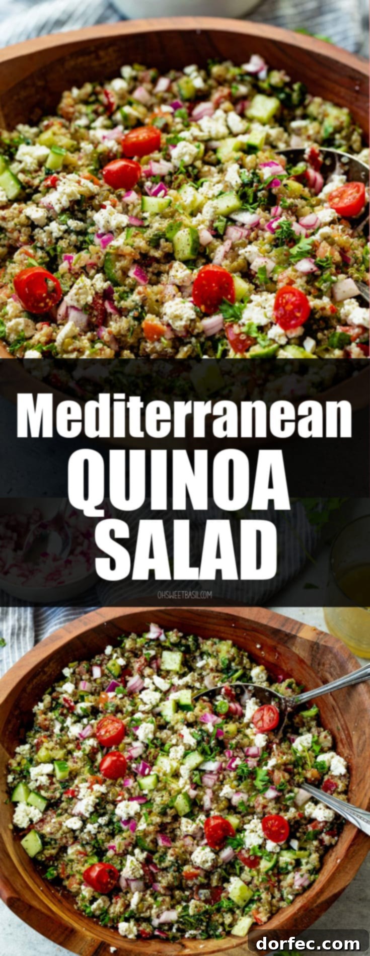 a photo of a large wooden serving bowl full of fresh salad with two silver serving spoon stuck in it.