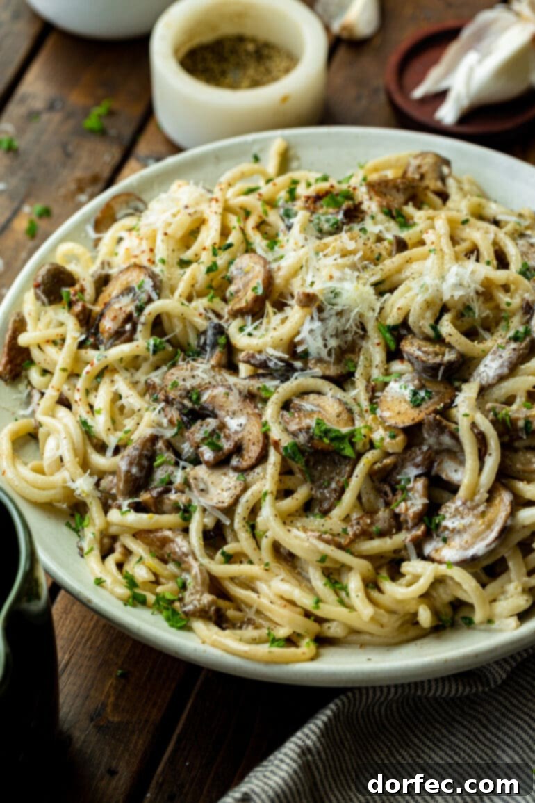 A vibrant photo of creamy bucatini pasta generously tossed with golden caramelized mushrooms and elegantly topped with freshly grated Parmesan cheese. This image is designed to evoke a sense of delicious comfort and gourmet simplicity.