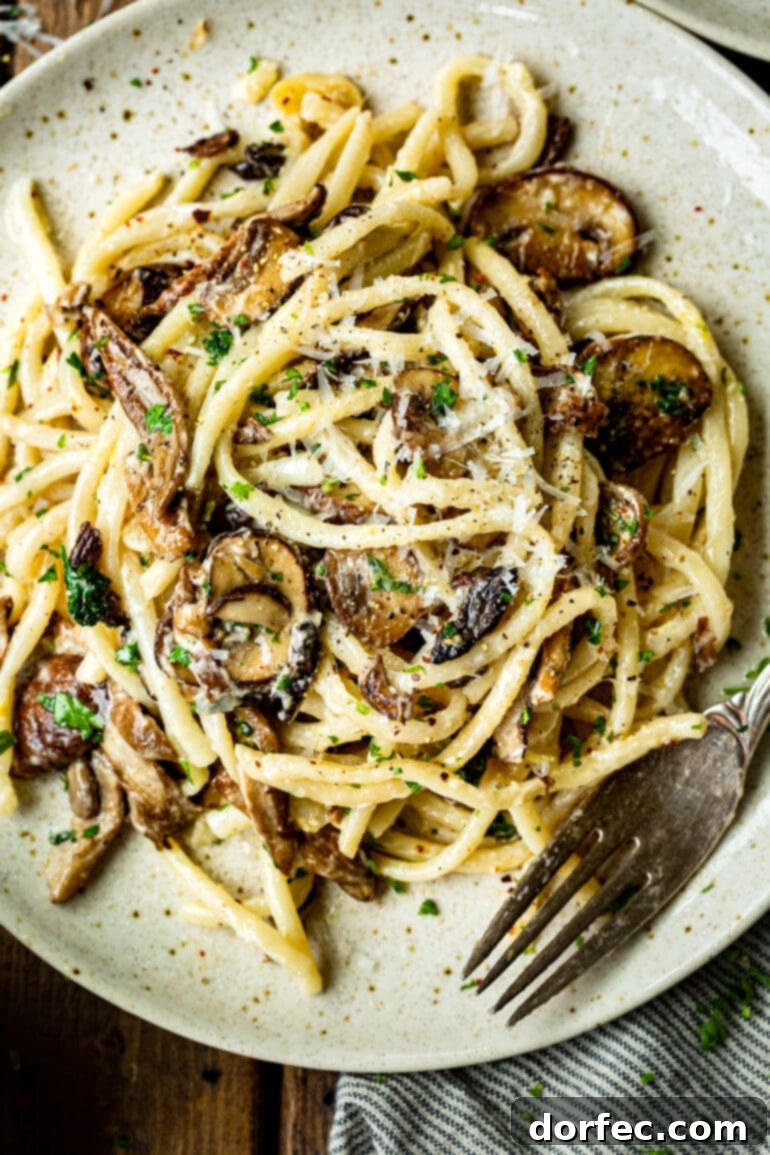 A stunning close-up of a plate piled high with creamy mushroom pasta, generously topped with shaved Parmesan and an abundance of perfectly caramelized mushrooms.