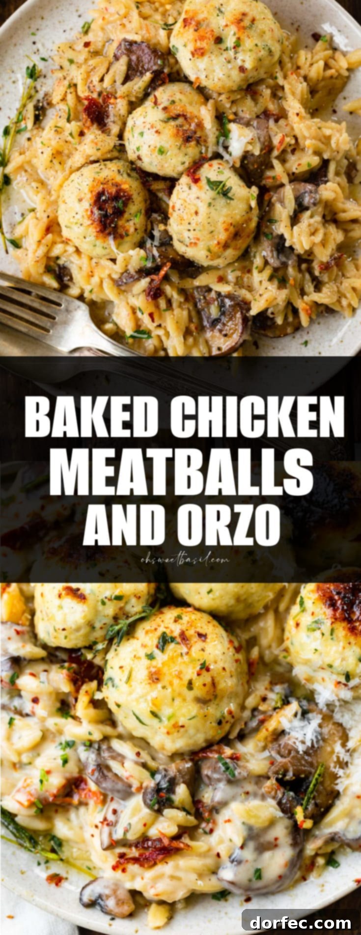 a close up photo of golden baked chicken meatballs topped with fresh herbs and on top of creamy mushroom orzo.