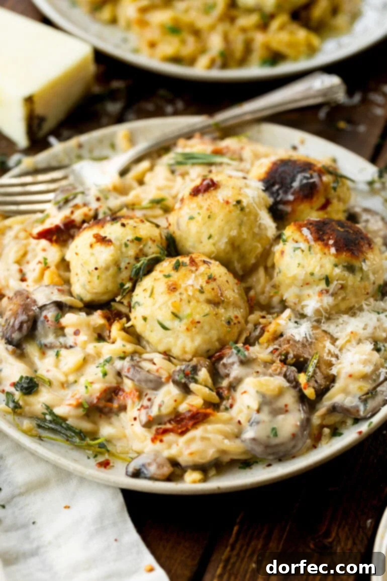 a photo of a plate of creamy mushroom orzo topped with baked chicken meatballs and chopped fried herbs.