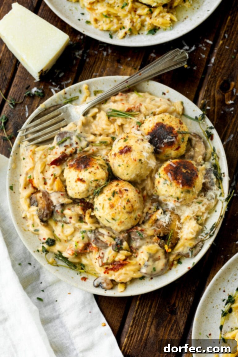 a photo taken above a plate of creamy mushroom orzo topped with baked chicken meatballs.
