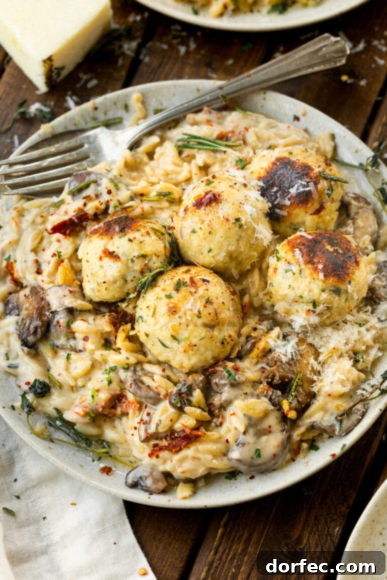 a photo of a plate full of creamy mushroom orzo topped with golden baked chicken meatballs.
