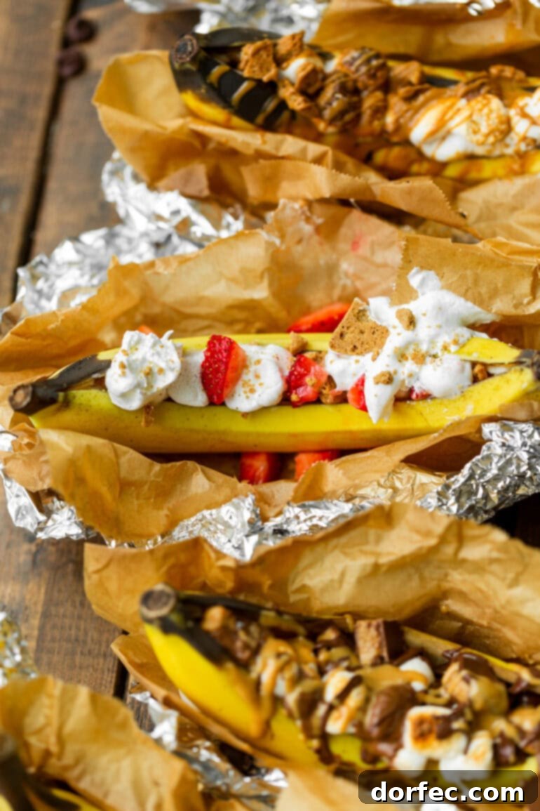 Our Favorite Campfire Banana Boats 15 A delightful pairing of two campfire banana boats; one is topped with fresh diced strawberries, whipped cream, and crumbled cookies, while the other is rich with chopped Reese's Peanut Butter Cups and a luscious peanut butter sauce.