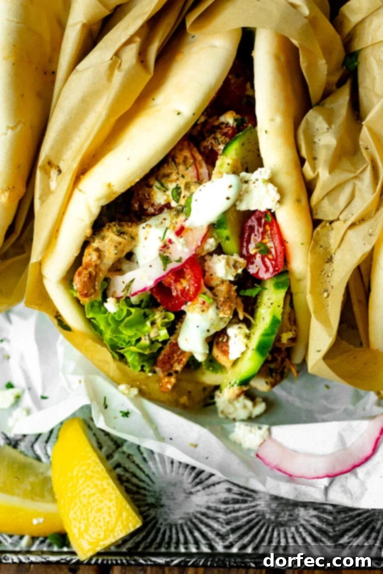 Cade's Signature Chicken Gyros 2 A photo of a chicken gyro on soft pita bread, topped with cucumber, tomatoes, red onions, feta, and creamy tzatziki sauce.