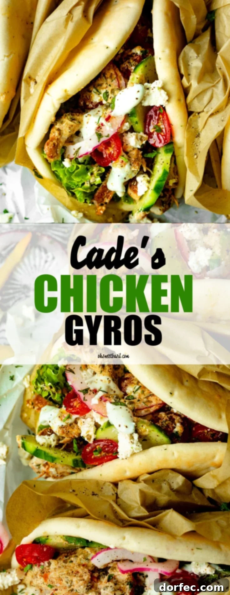 Cade's Signature Chicken Gyros 11 A photo of a chicken gyro on soft pita bread, topped with cucumber, tomatoes, red onions, and creamy tzatziki sauce.