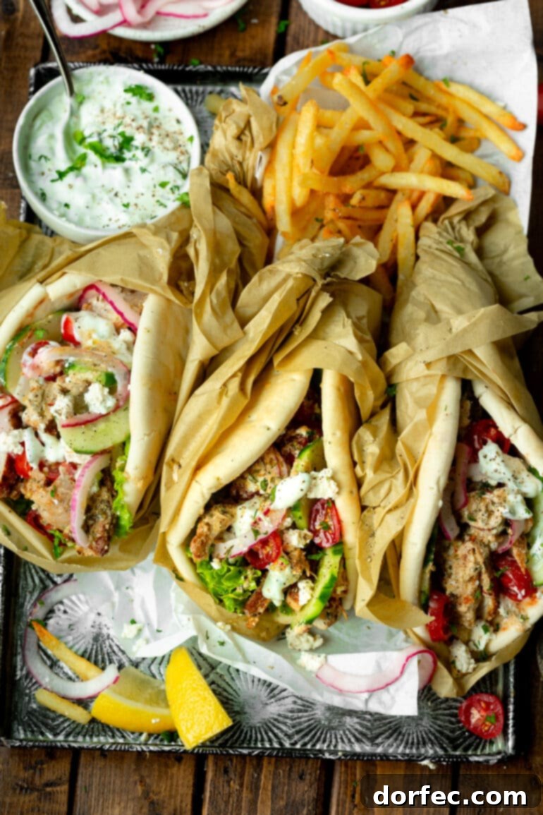 Cade's Signature Chicken Gyros 3 A photo of several gyros partially wrapped in parchment paper, served alongside a pile of golden fries and a cup of tzatziki sauce.
