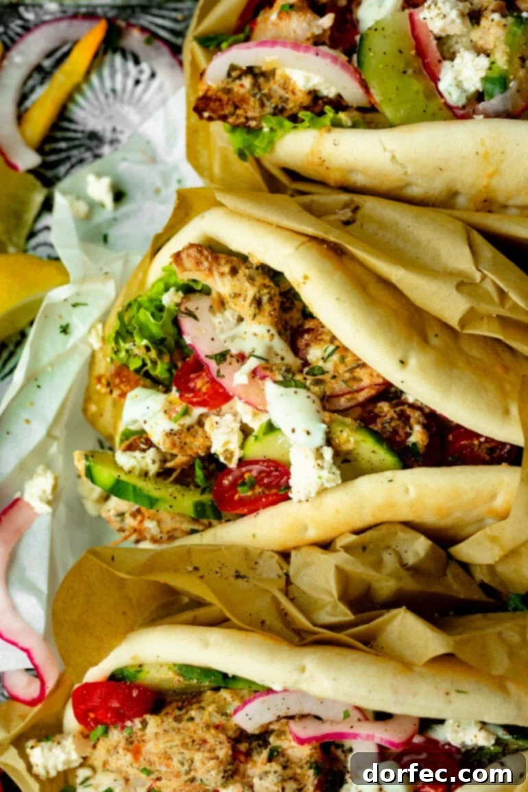 Cade's Signature Chicken Gyros 7 A photo of a chicken gyro - a soft pita bread wrapped around juicy chicken, cucumbers, red onions, tomatoes, lettuce, and topped with tzatziki and feta.