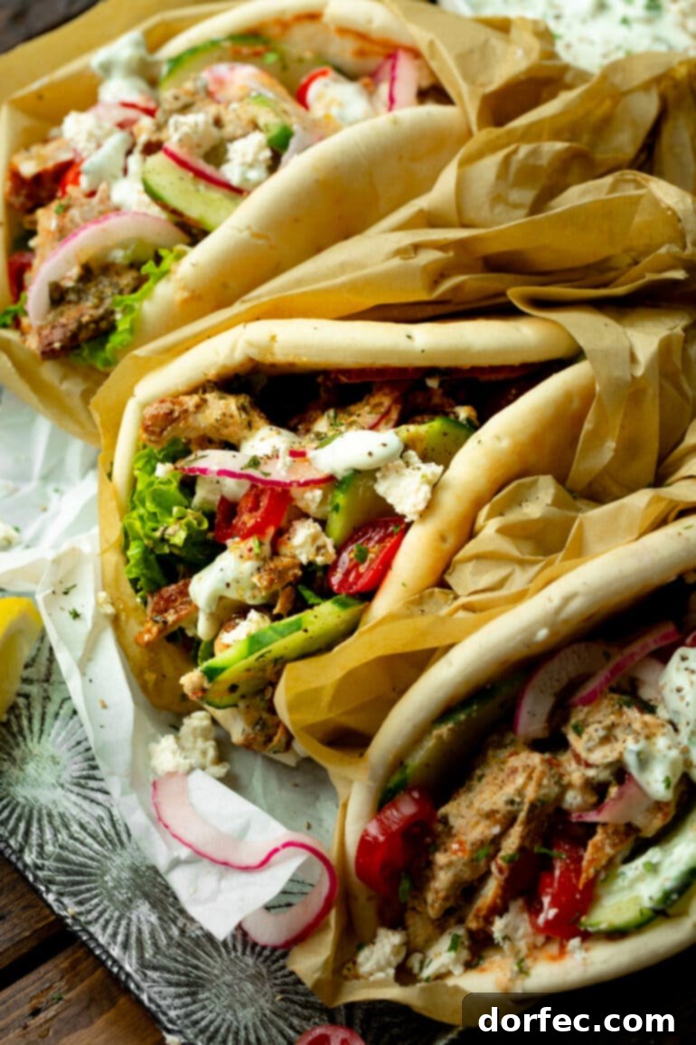 Cade's Signature Chicken Gyros 9 A photo of several chicken gyros stuffed with seasoned chicken, sliced cucumbers, red onions, and tomatoes, all topped with feta cheese and creamy tzatziki sauce.