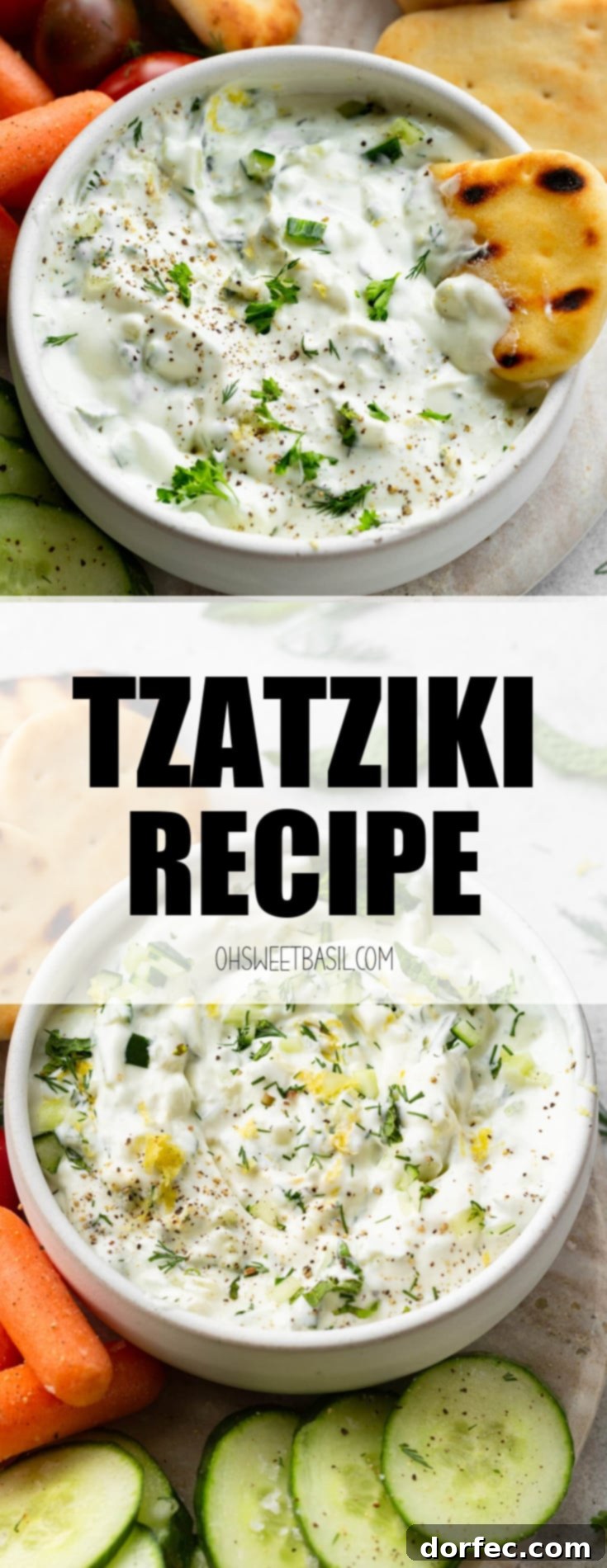 A vibrant bowl of homemade tzatziki, perfectly creamy and topped with fresh dill and pepper, ready to be enjoyed.