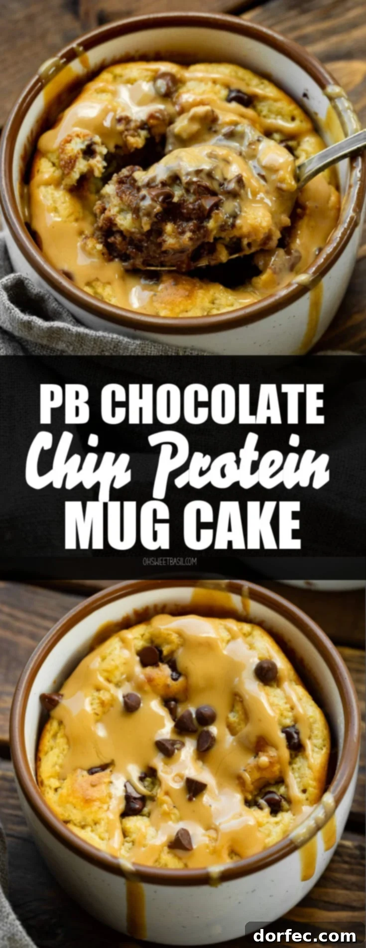 A high-angle shot of a spoonful being scooped out of the center of a baked oatmeal mug cake, topped with mini chocolate chips and drizzled with melted peanut butter.