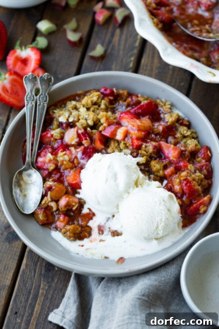 a photo of a serving of strawberry rhubarb crisp topped with two scoops of melting vanilla ice cream.