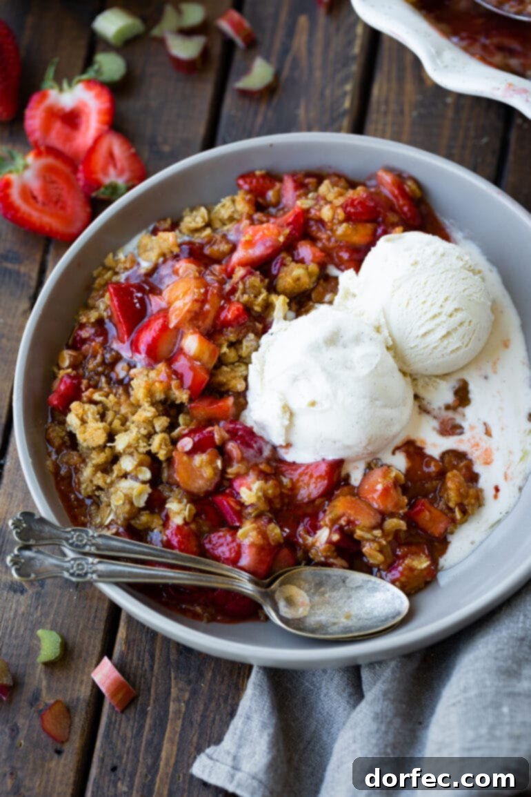 a photo of a serving of strawberry rhubarb crisp in a bowl topped with two scoops of melting vanilla ice cream.