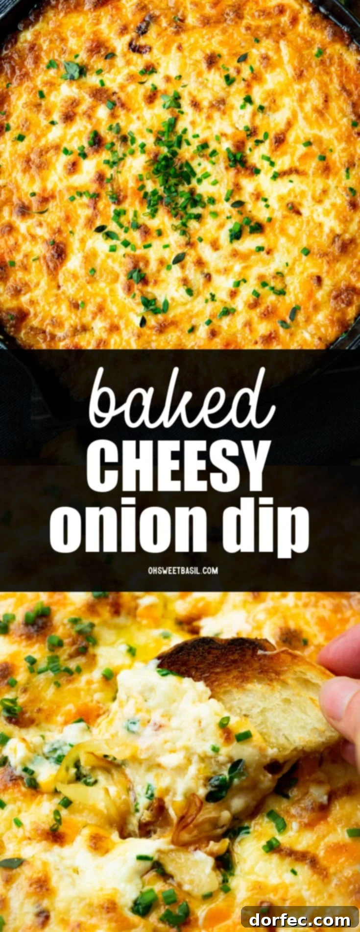 A close-up photo of someone scooping cheesy onion dip onto a toasted piece of bread, highlighting the texture and melted cheese.