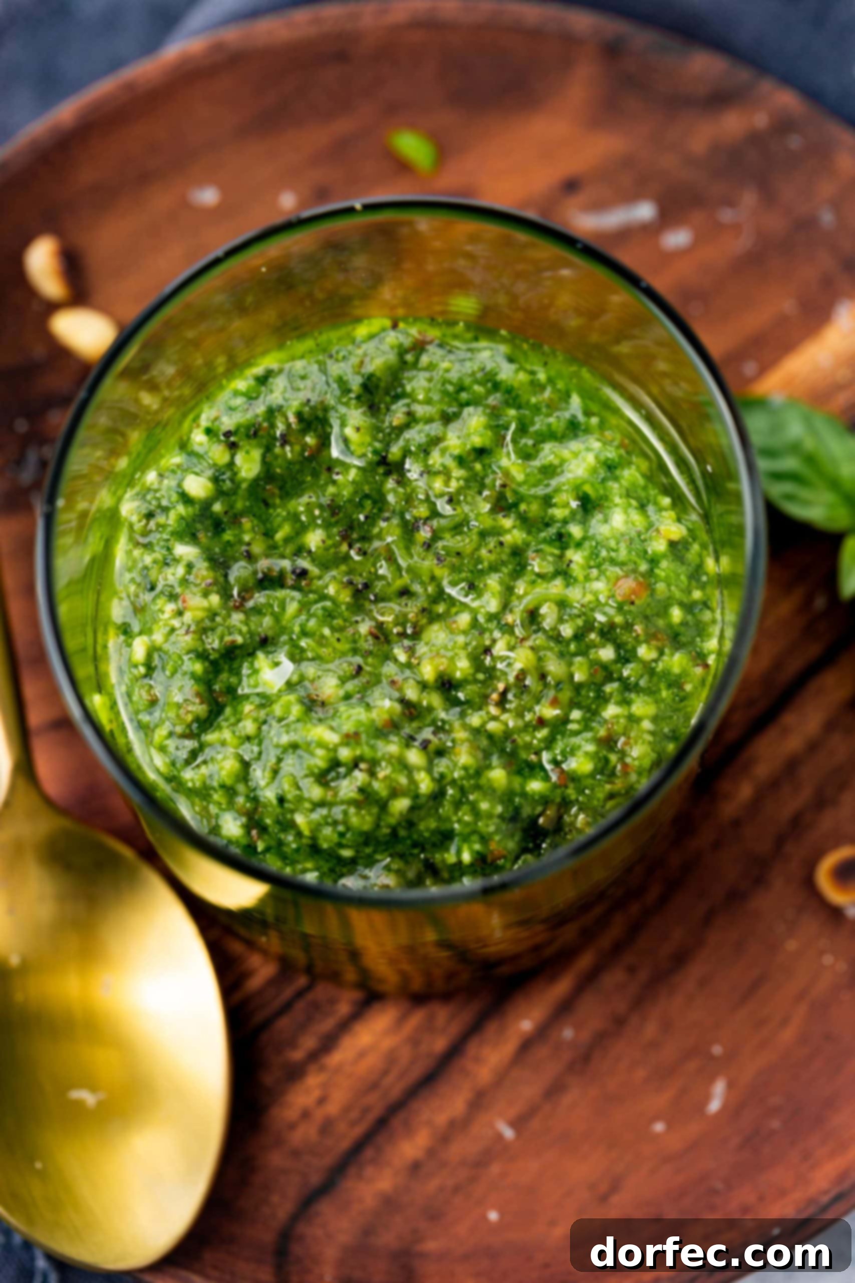 Vibrant Basil Pesto 3 A close-up aerial shot of a glass jar filled with luscious homemade pesto, highlighting its rich green color and tempting texture.