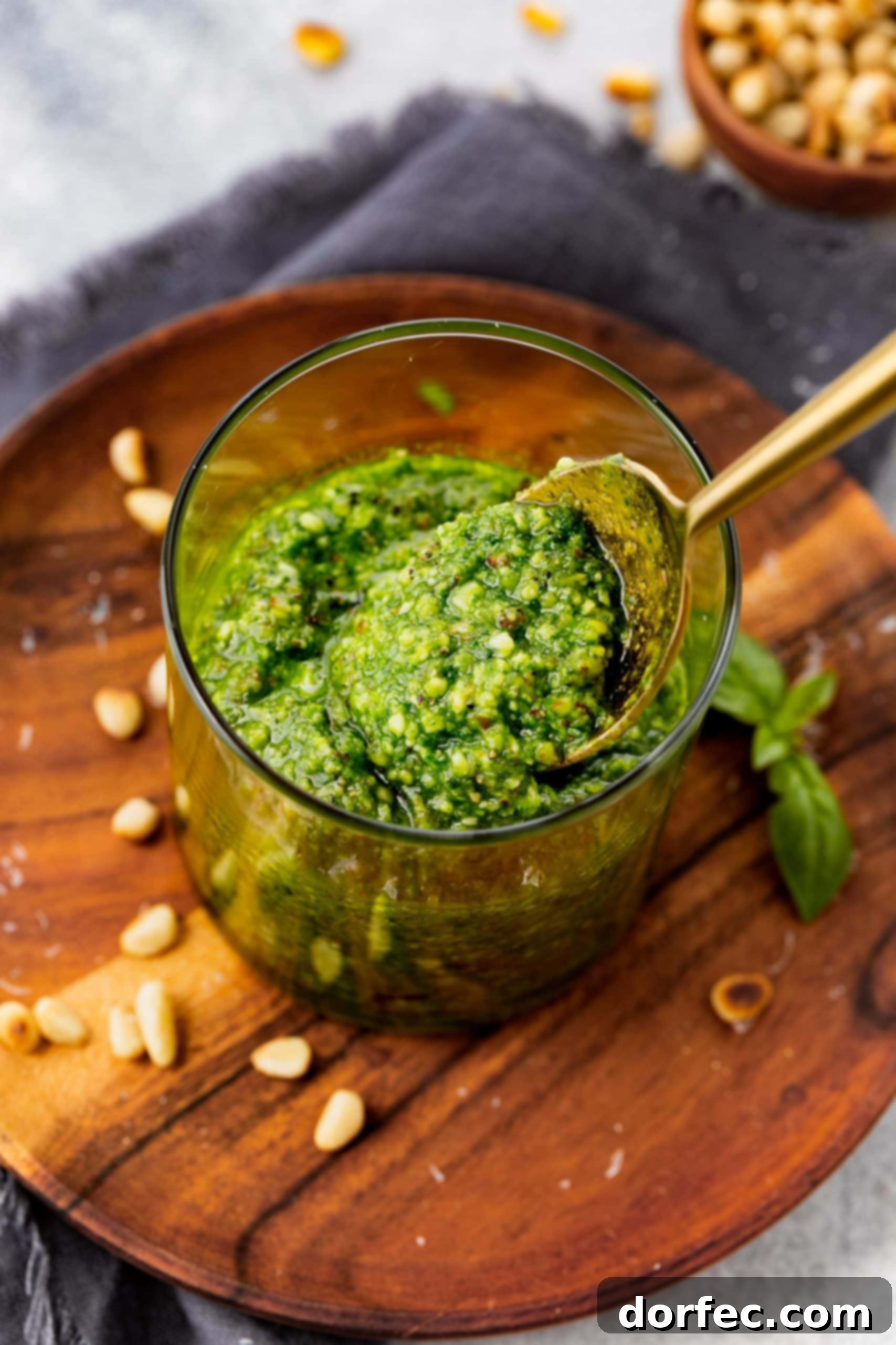 Vibrant Basil Pesto 4 A golden spoon scoops a dollop of fresh homemade pesto from a glass jar, which sits on a wooden plate adorned with scattered pine nuts and basil leaves, emphasizing its irresistible appeal.