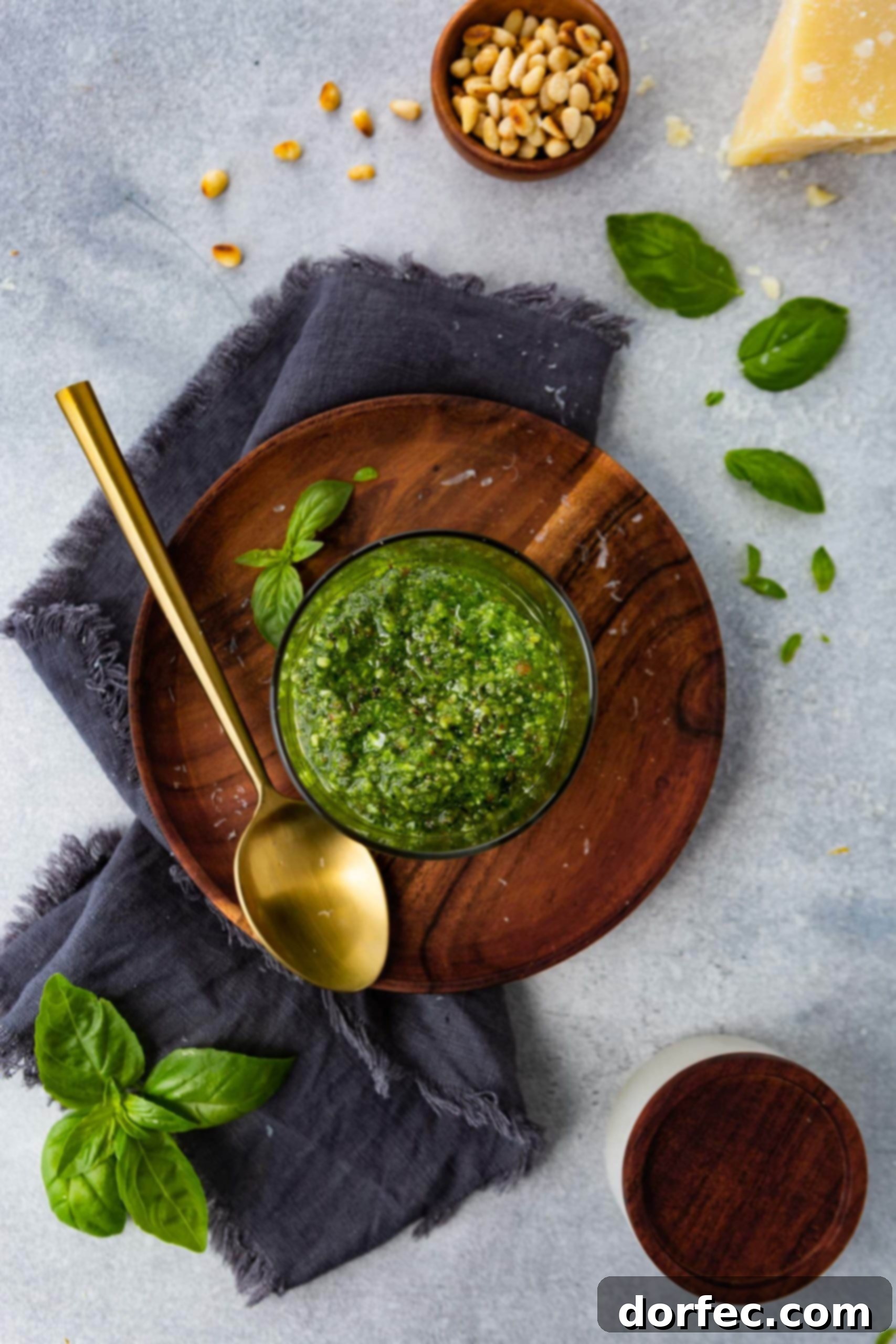Vibrant Basil Pesto 5 A close-up shot of a homemade pesto jar on a wooden plate, a golden spoon resting beside it, highlighting the vibrant green hue and appealing texture of the fresh sauce.