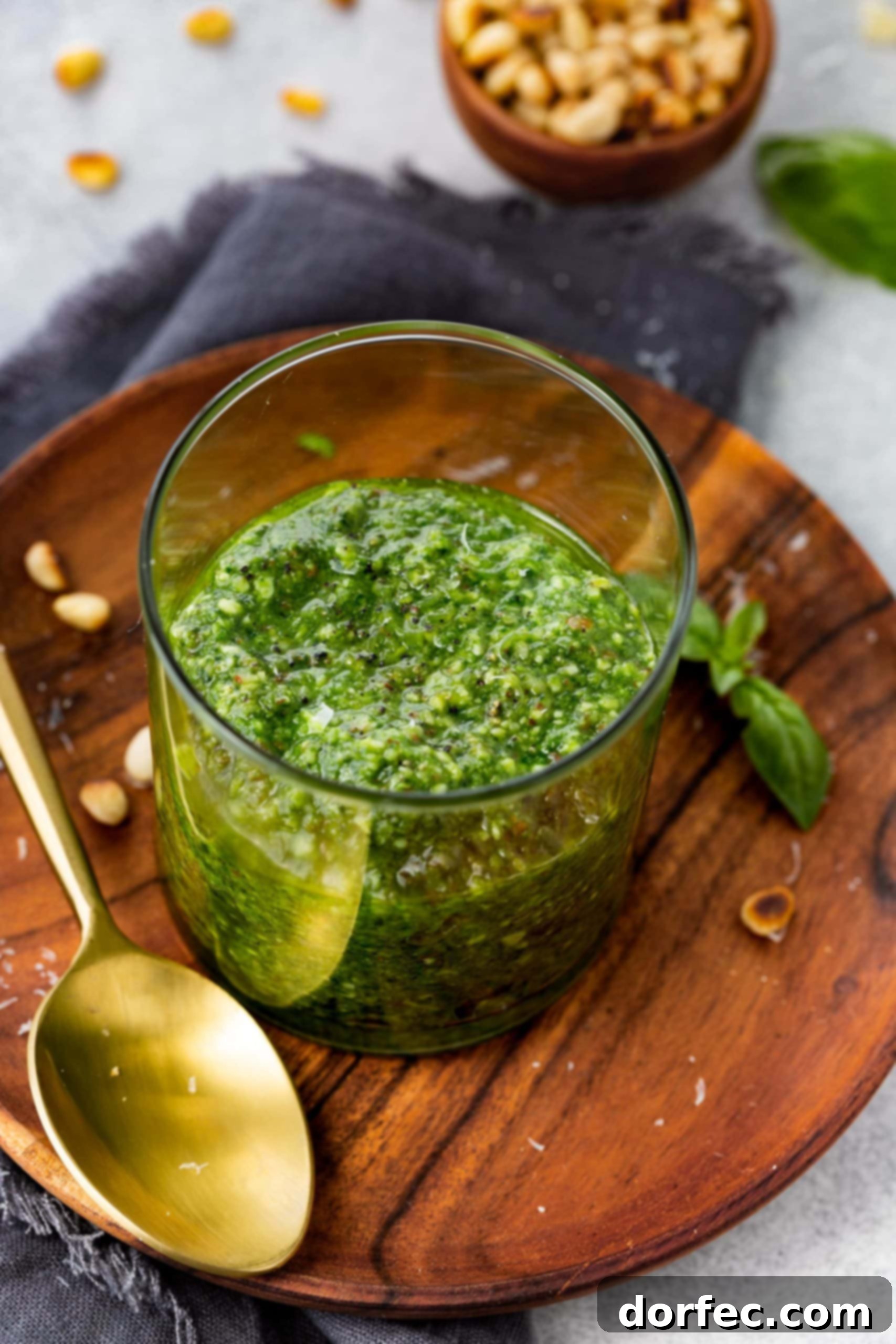 Vibrant Basil Pesto 6 A glass jar of homemade pesto sauce rests on a rustic wooden plate, a golden spoon poised next to it, inviting a taste of its fresh, vibrant flavor.