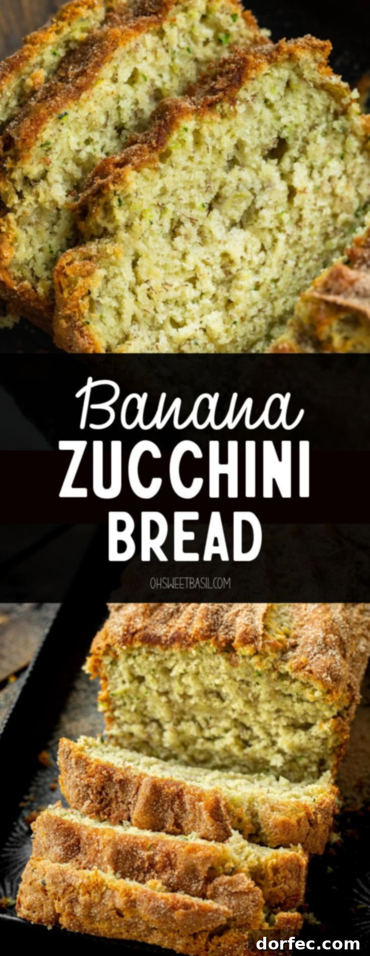 A top-down photo showing several slices of banana zucchini bread artfully arranged, falling onto each other, emphasizing its enticing texture and golden crust.