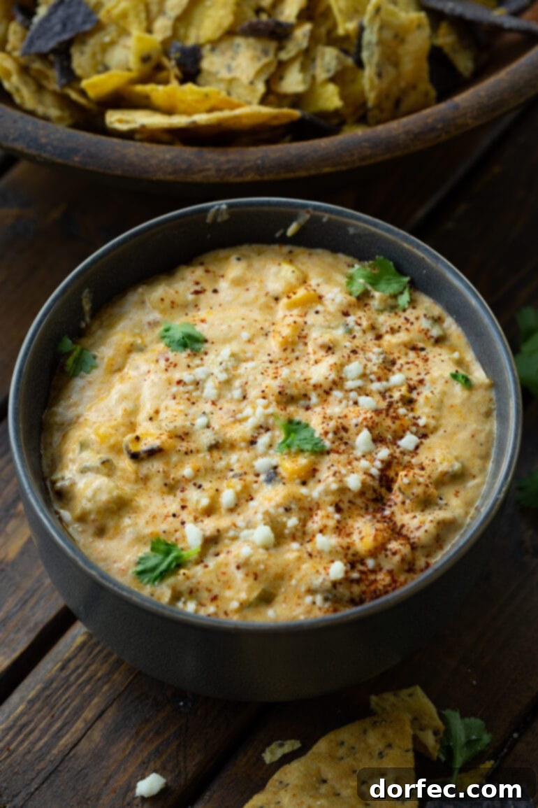 A large dark gray serving bowl artfully filled with creamy Mexican street corn dip, elegantly topped with fresh green onions, crumbled cotija cheese, and a delicate sprinkle of chili powder.