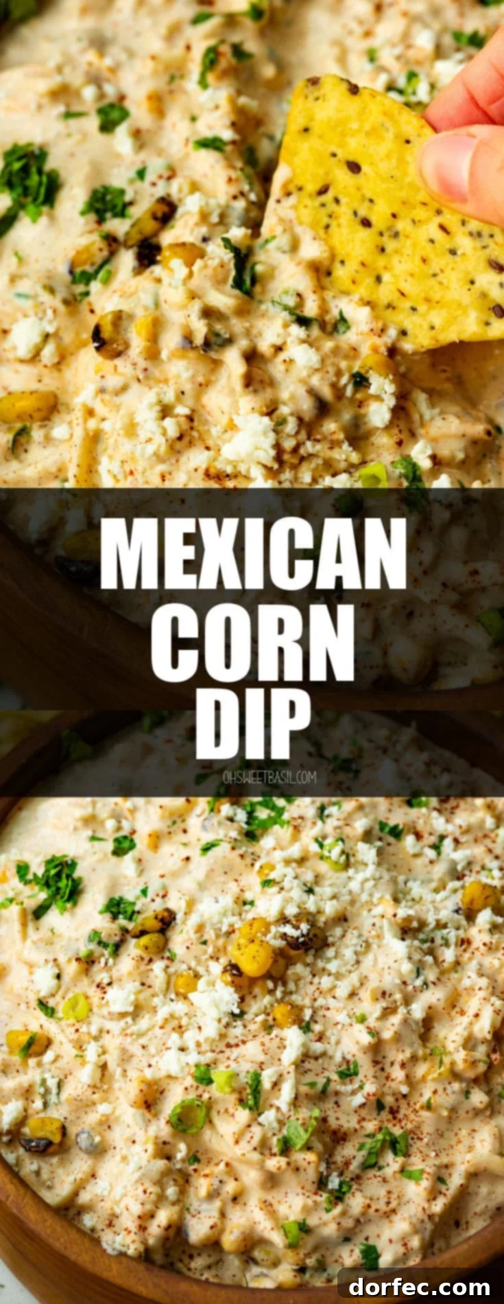 Zesty Mexican Street Corn Dip 9 a photo of a corn tortilla stuck into a bowl of mexican corn dip topped with diced green onions and pieces of corn.