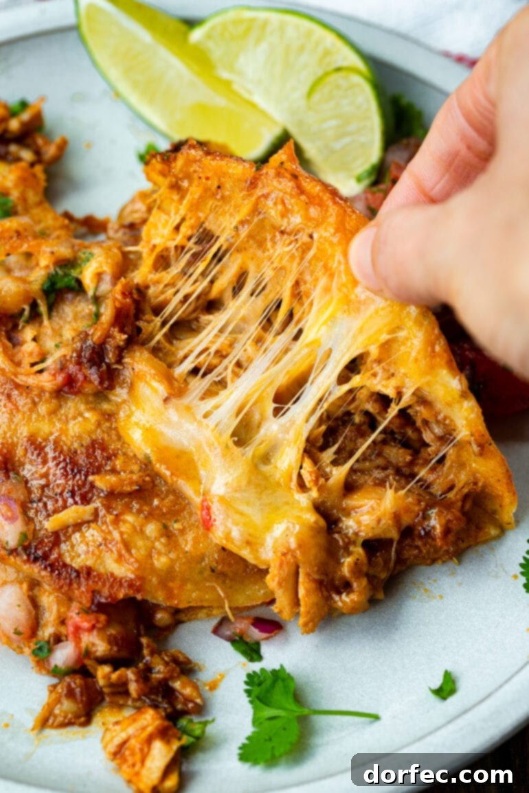 A mouthwatering overhead shot of a chicken birria taco being opened, revealing the luscious gooey melted cheese and tender, juicy chicken filling inside.