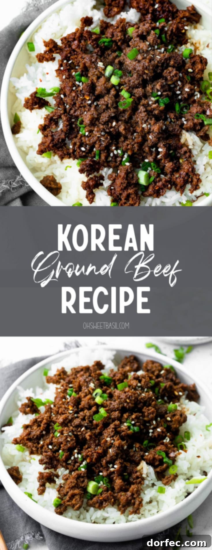A photo of a large bowl of cooked white rice topped with saucy Korean ground beef, sliced scallions and sesame seeds, highlighting a delectable dinner.