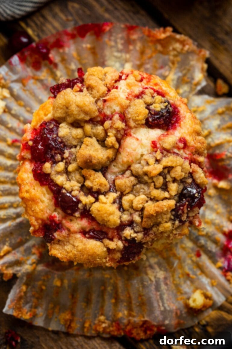 A close-up, overhead shot of a freshly baked cranberry sauce muffin, crowned with a golden, crumbly streusel topping. The muffin liner is gently peeled away, revealing the tender muffin.