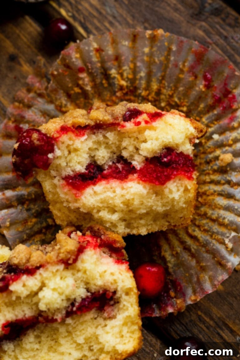 A cranberry sauce muffin cut in half and laid on its side, beautifully showcasing the distinct layers of sweet and tart cranberry sauce baked within its moist interior.