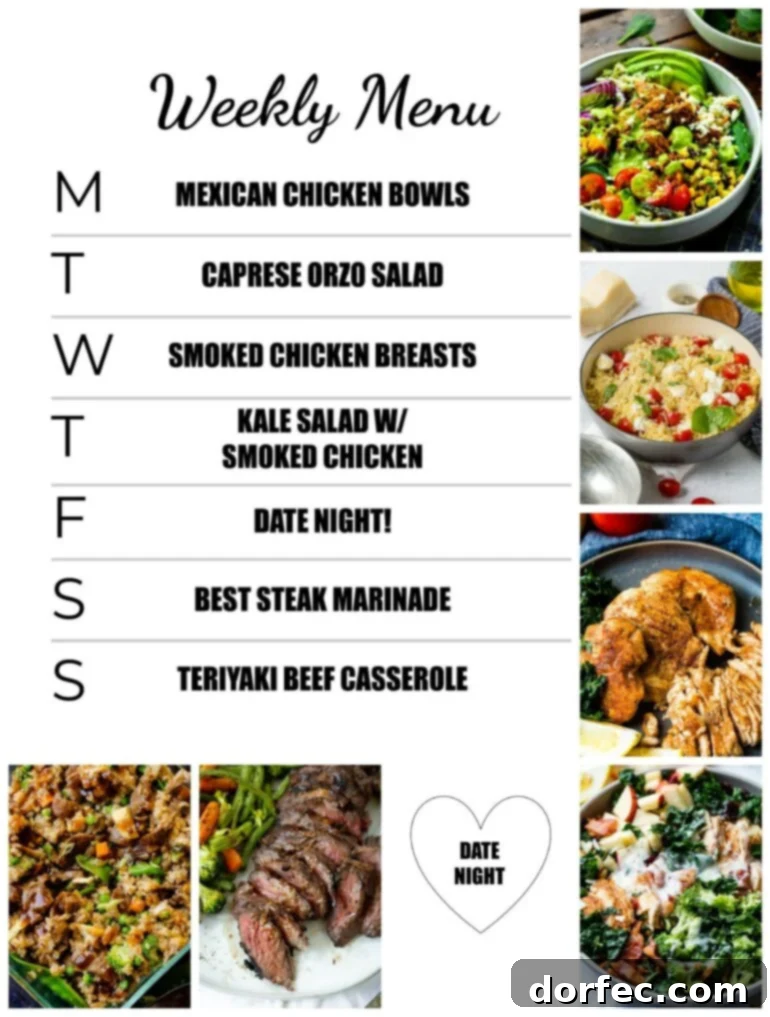 A beautifully presented weekly meal plan graphic featuring diverse dishes