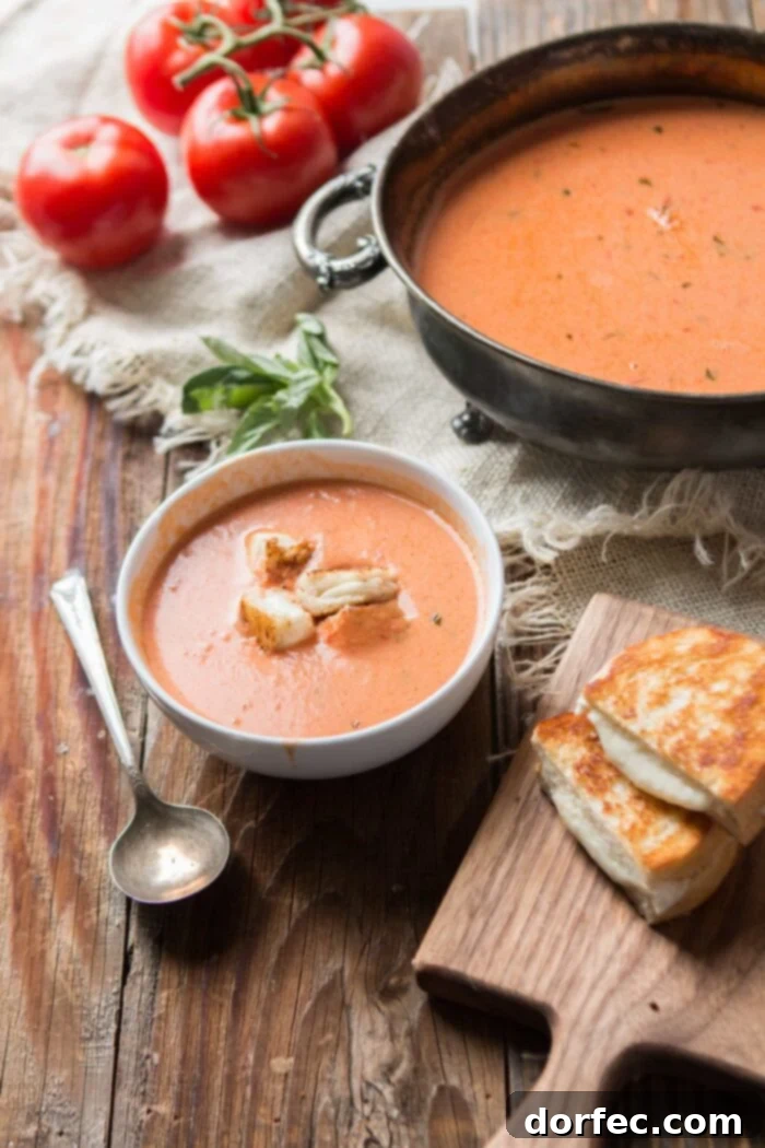 Your Weekly Meal Plan: September 18-24 8 A rustic ceramic bowl brimming with vibrant red roasted tomato basil soup, garnished elegantly with fresh green basil leaves. Beside the bowl, several small, golden-brown mini grilled cheese croutons are artfully arranged, highlighting a comforting and gourmet meal perfect for a cozy Saturday.