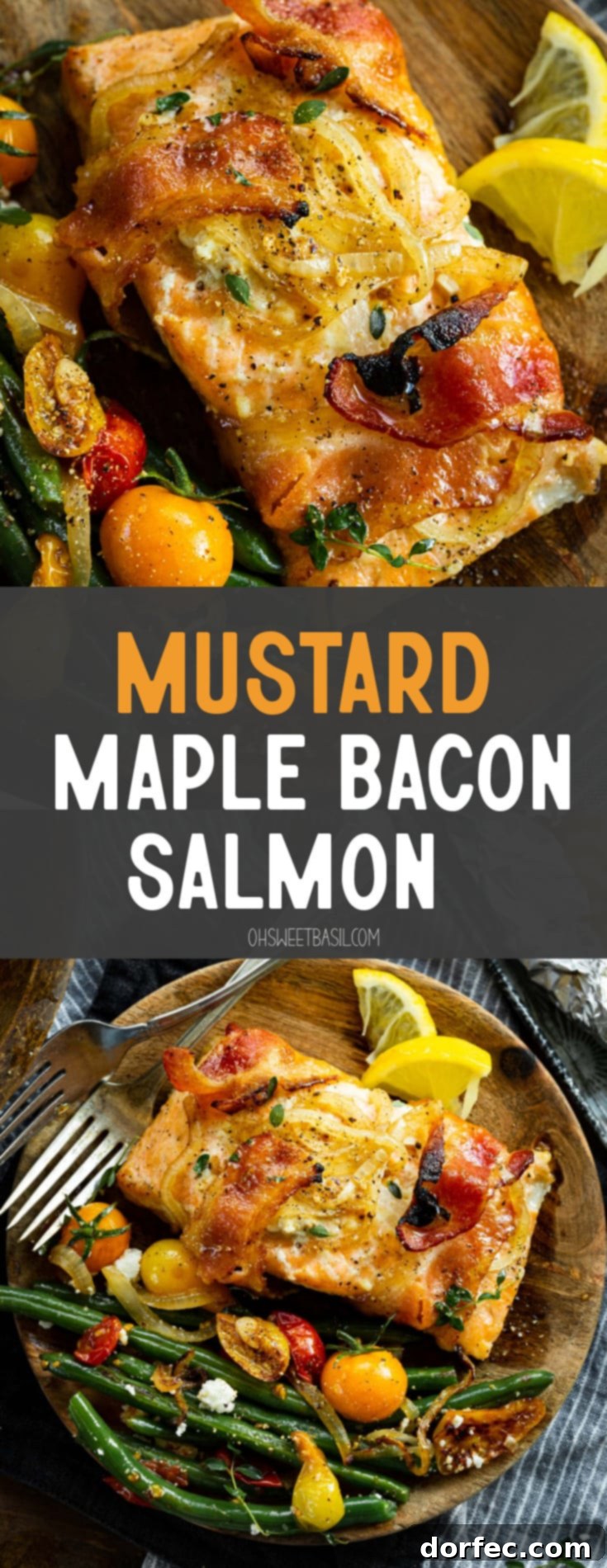 A beautifully presented baked maple salmon fillet, wrapped in crispy bacon and generously glazed with a rich mustard maple sauce, ready for a delicious dinner.