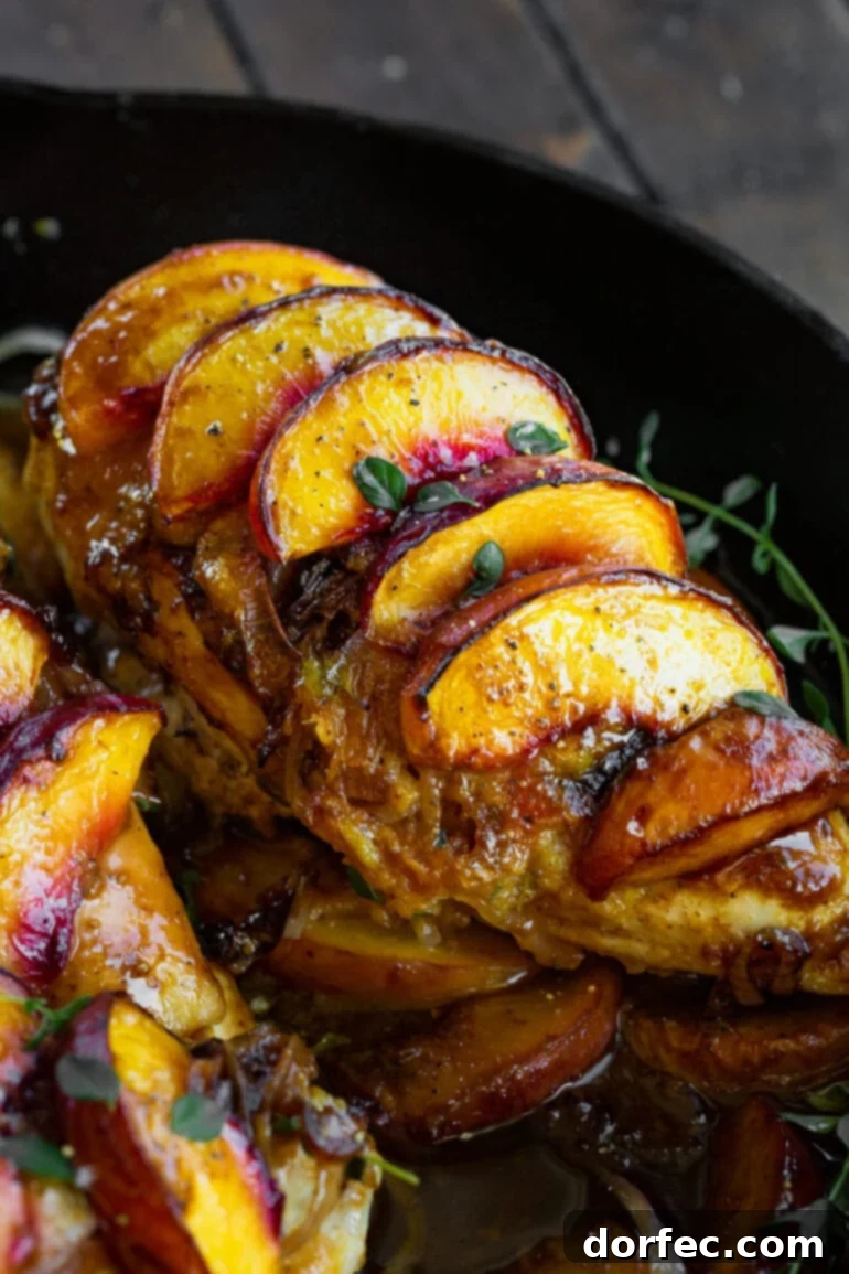 Sweet and Savory Peach Chicken 3 A close-up photo of a golden-brown roasted chicken breast, adorned with succulent peach slices, showcasing its juicy tenderness.
