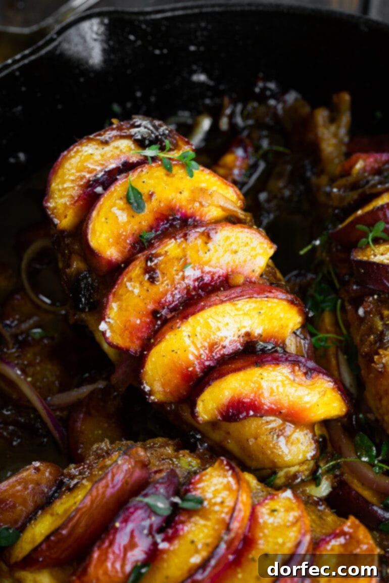 Sweet and Savory Peach Chicken 6 A golden-roasted chicken breast topped with luscious peach slices and garnished with fresh thyme, ready to serve.